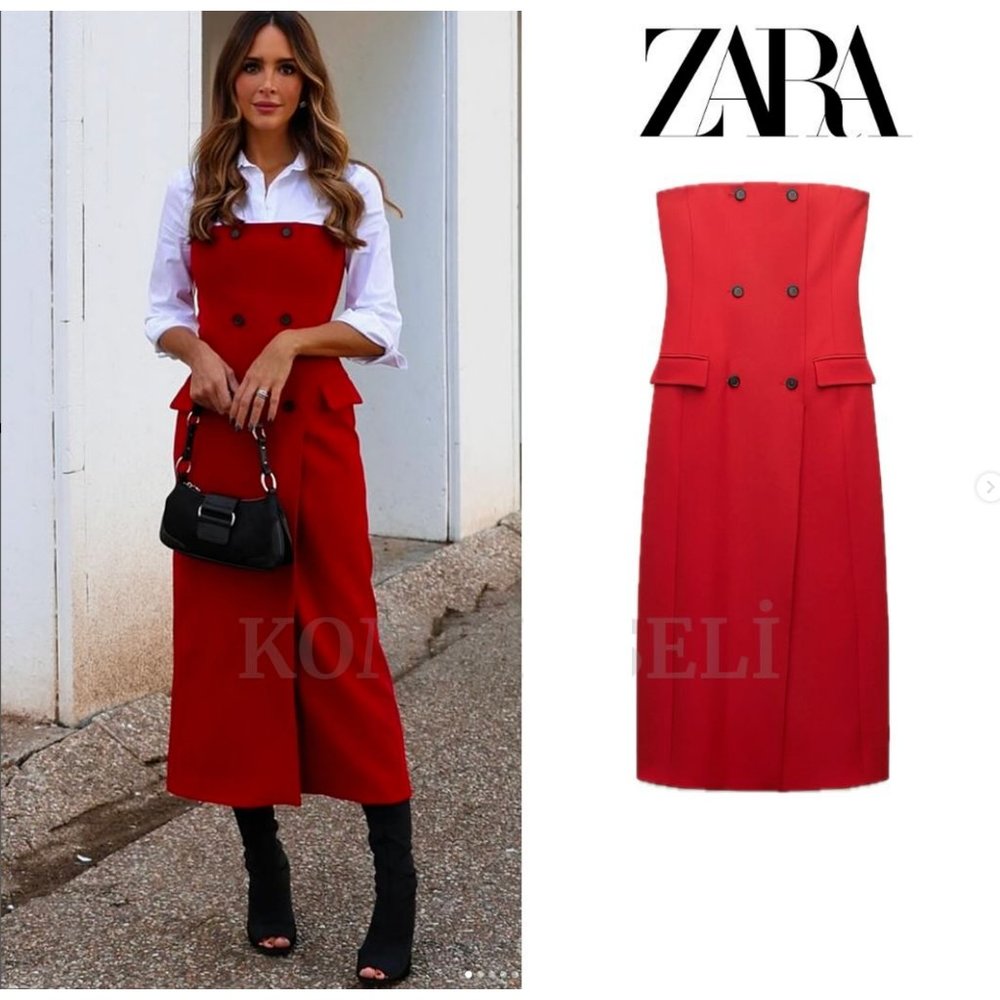ZARA RED $129 STRAPLESS POCKET DRESS ZW COLLECTION | 8659/707 Valentine's